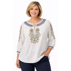 Multiples Peasant Blouse Womens 1X White Blue Yellow Embroidered Cotton